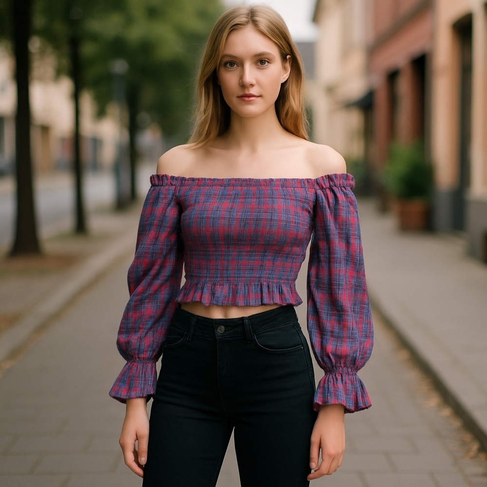 Zara Womens Smocked Crop Top XS Plaid Puff Sleeves Navy Red Square Neck Twee